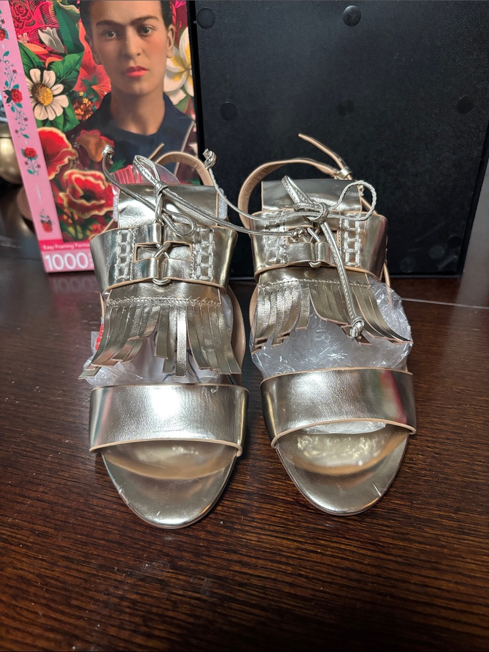 Banana Republic Metallic Silver Fringe Ankle-Tie Heels